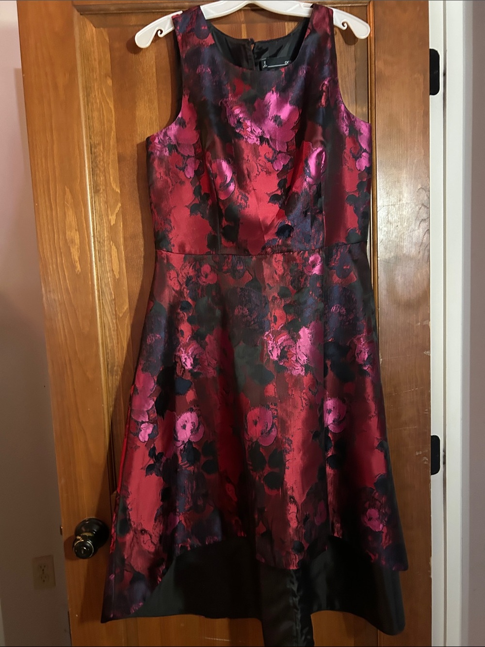 Chetta B black and magenta floral dress with high low hem